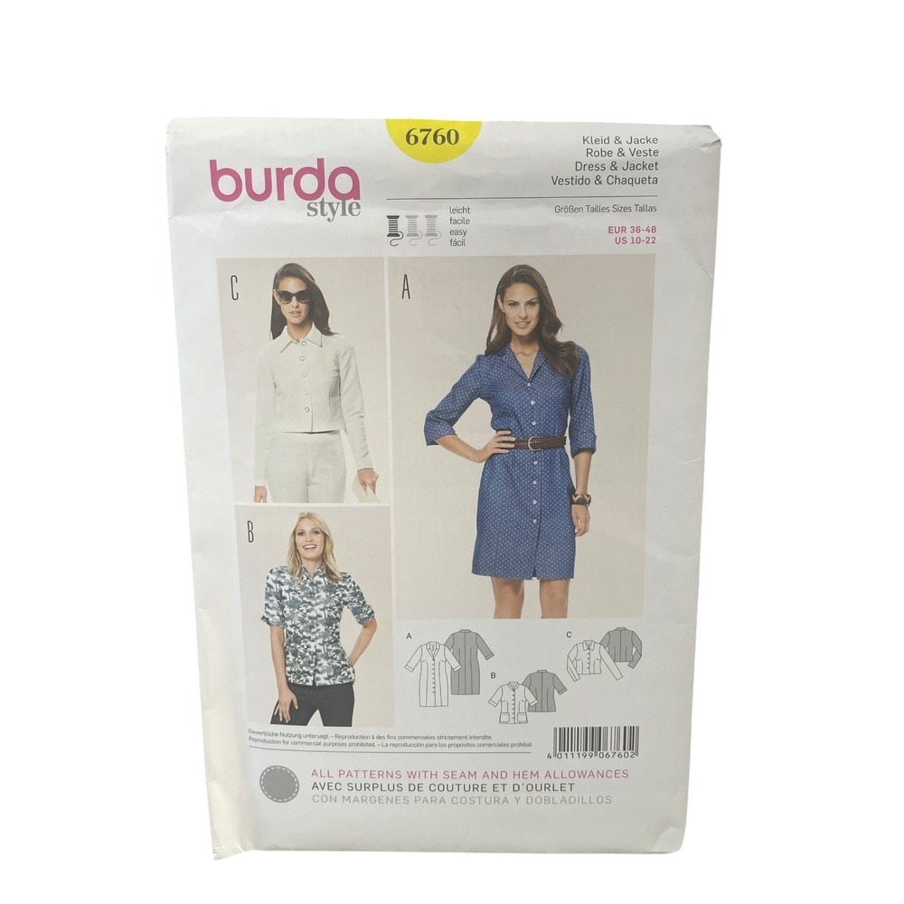 Burda Style Sewing Pattern 6760 Women US 10-20 Dress Jacket Blouse Uncut FF